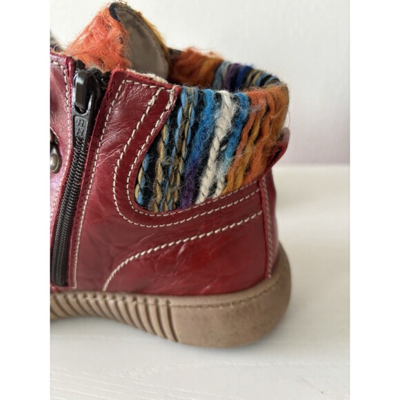 Josef Seibel Maren Boot Red Leather Bootie Size 11 EU 43 Colorful Yarn Zip W Box - Picture 7 of 11